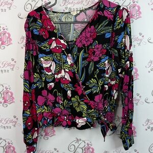 Tiny long sleeve Flowers color block rainbow pink green Floral V-Neck Wrap Top